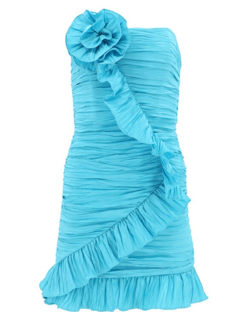 Strapless Turquoise Ruffle-Trim Cocktail Dress